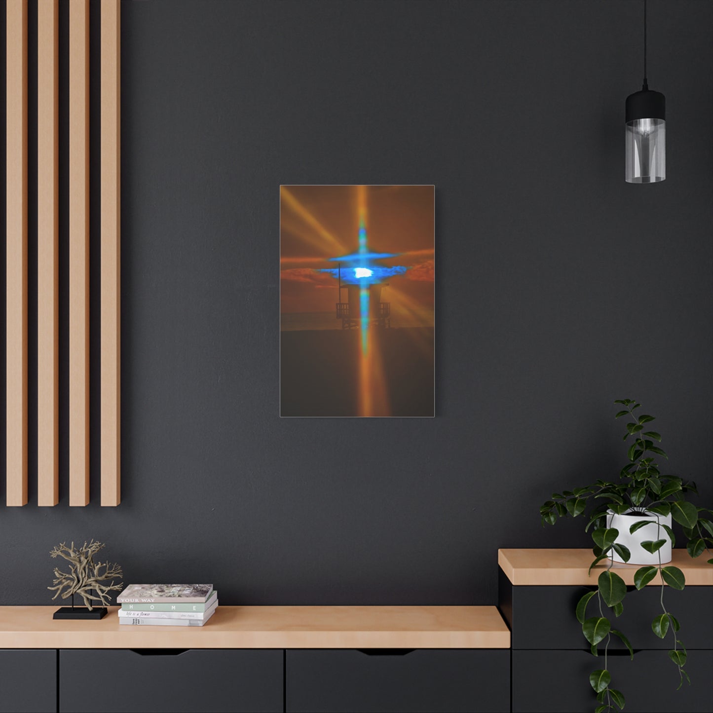 Blue Light Burst at Sunset – Coastal Lifeguard Tower Canvas Print