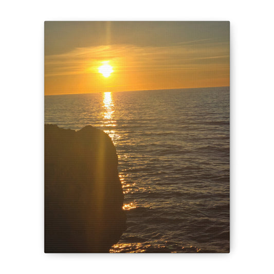 Break Wall Ocean View canvas print — golden ocean sunset with stone breakwall, coastal wall art for home decor