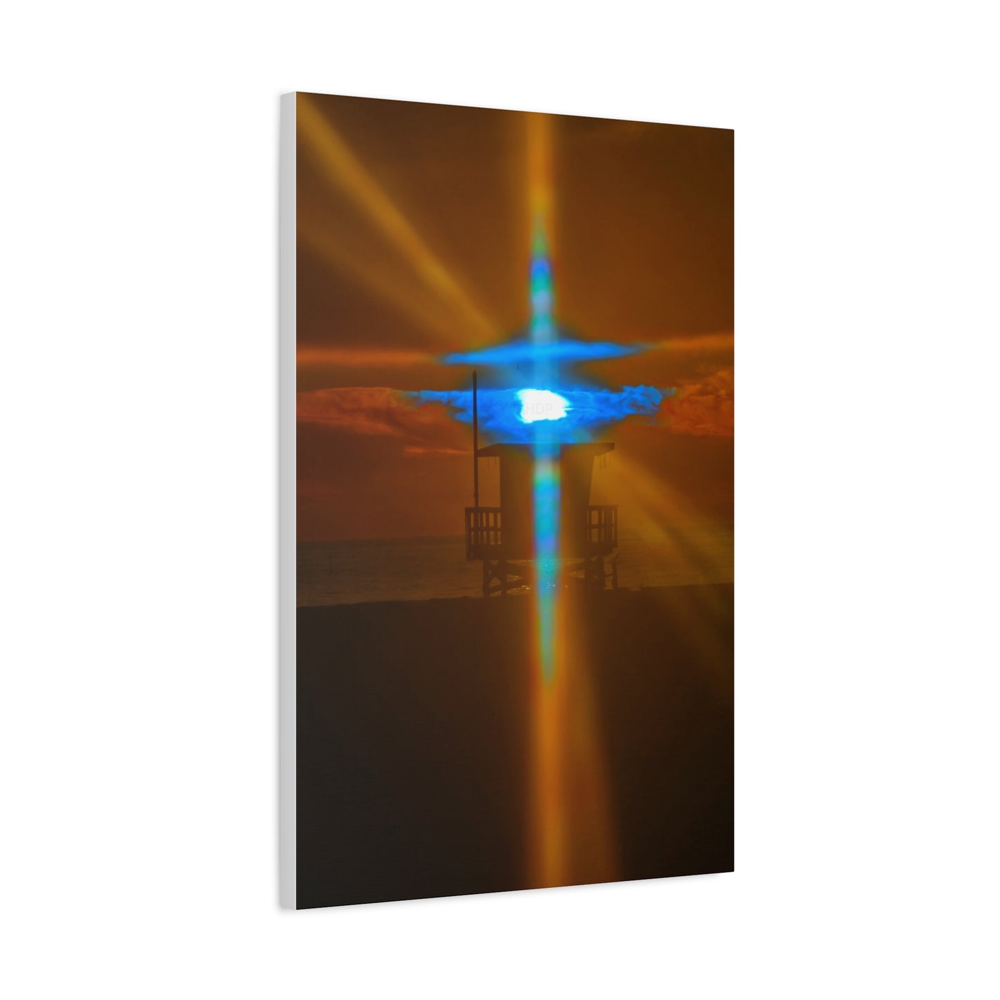 Blue Light Burst at Sunset – Coastal Lifeguard Tower Canvas Print