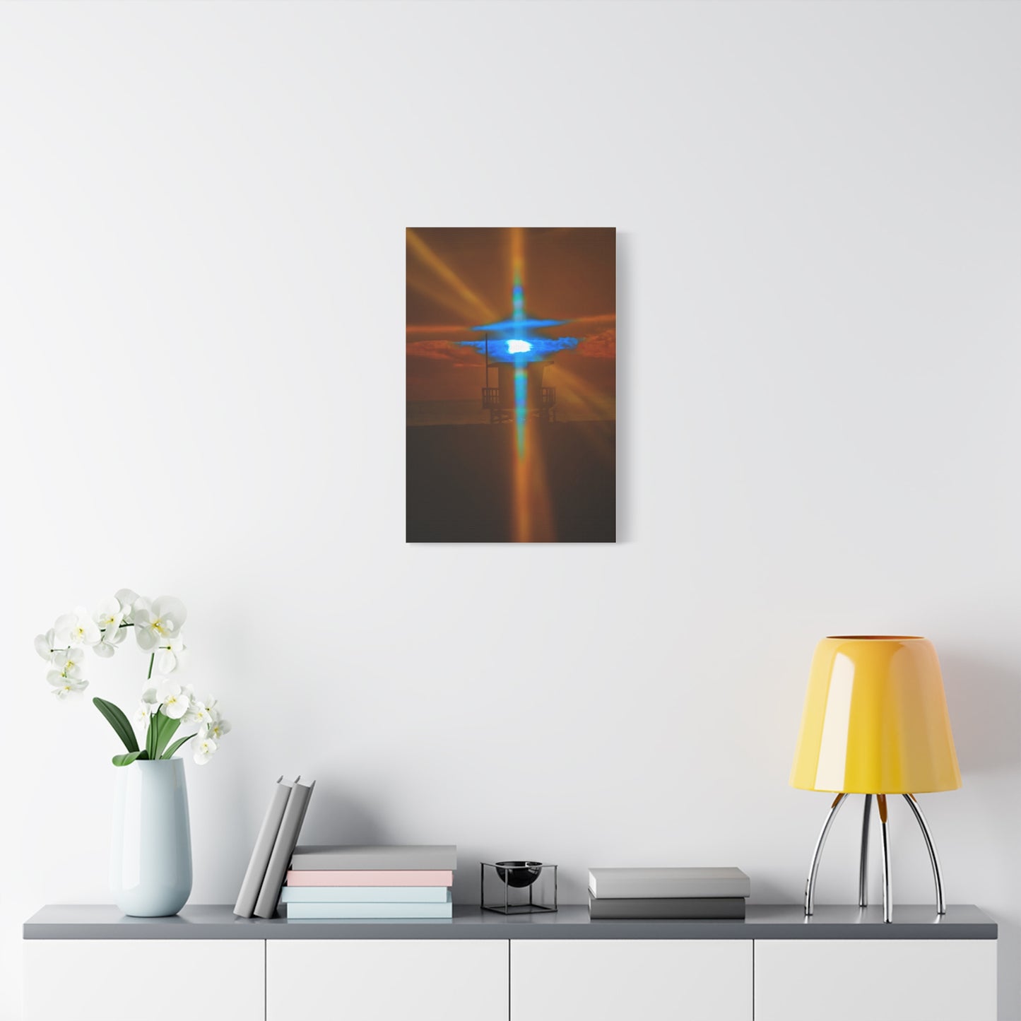Blue Light Burst at Sunset – Coastal Lifeguard Tower Canvas Print
