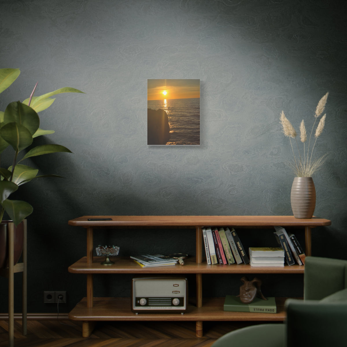 Break Wall Ocean View canvas print — warm coastal sunset canvas displayed in a moody living room above a wood media console