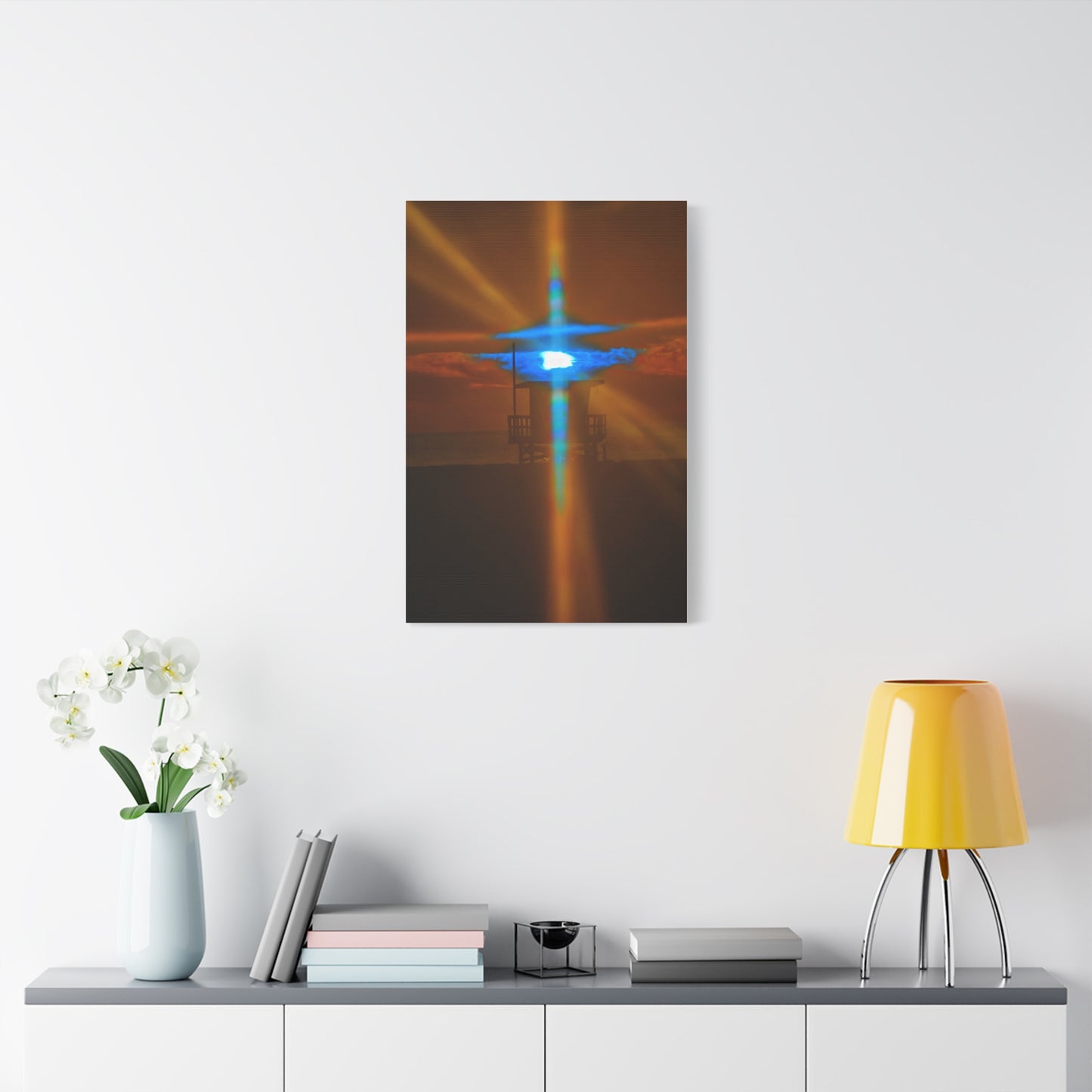 Blue Light Burst at Sunset – Coastal Lifeguard Tower Canvas Print