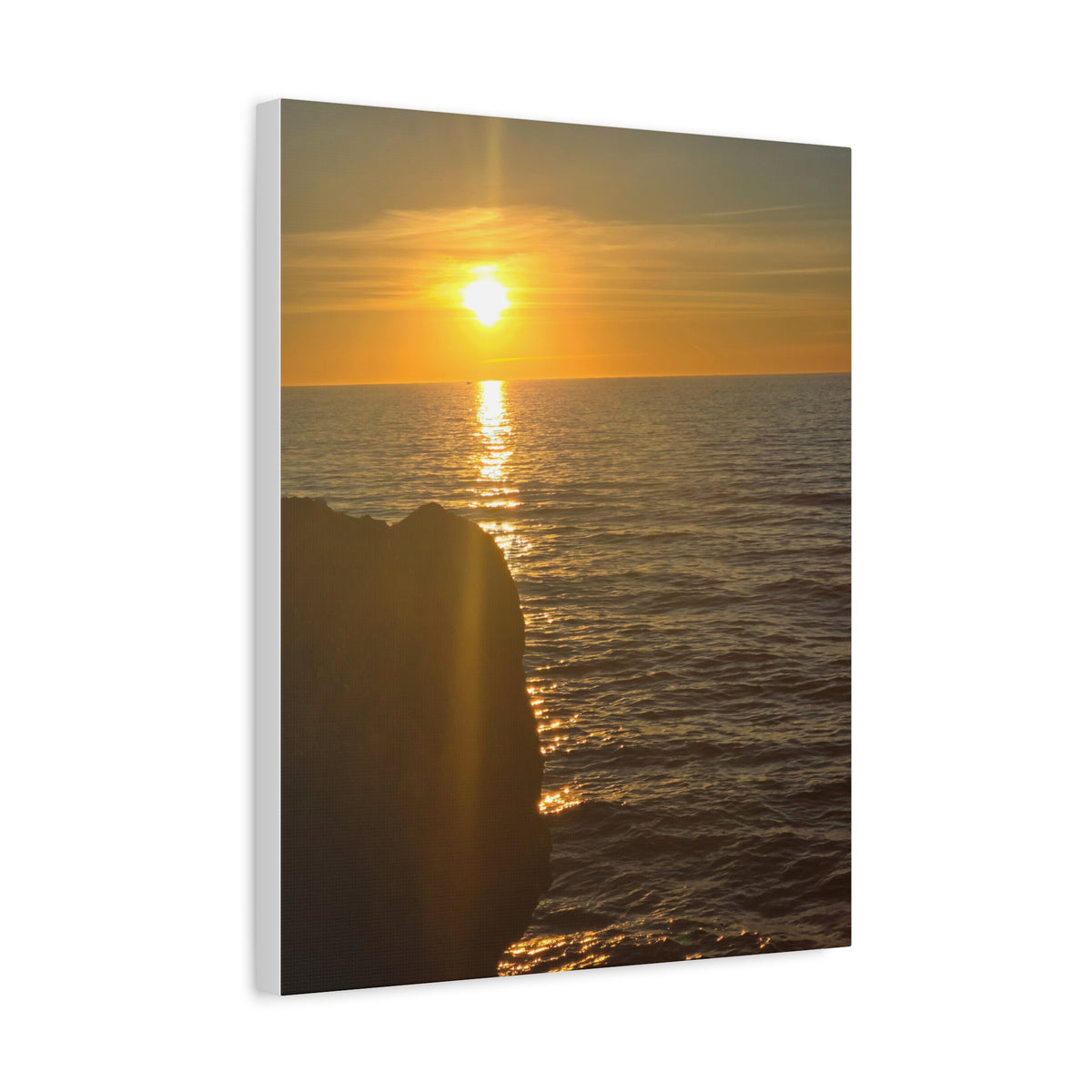 Break Wall Ocean View — premium gallery-wrapped canvas print of a golden ocean sunset from a stone breakwall